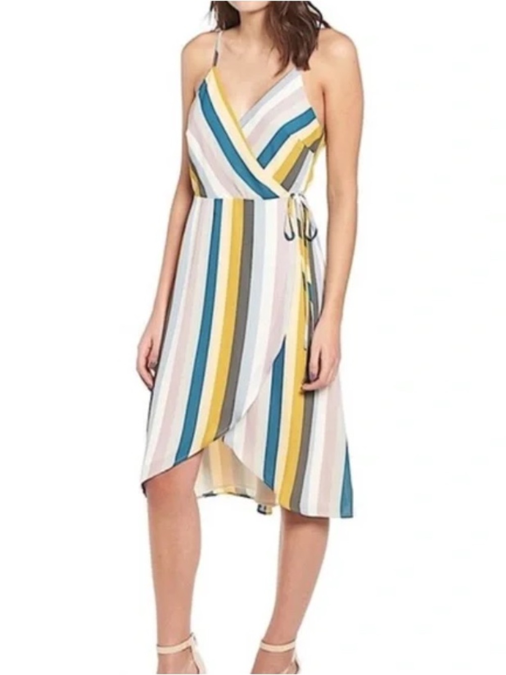 Leith Multicolor Striped Faux Wrap Midi Dress Tie Waist Size M